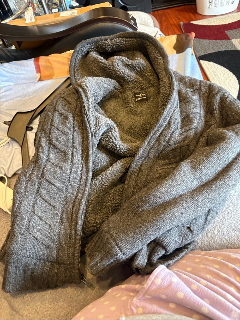 Marc Ecko Men's Gray Sherpa-Lined Zip-Up Cable Knit Sweater